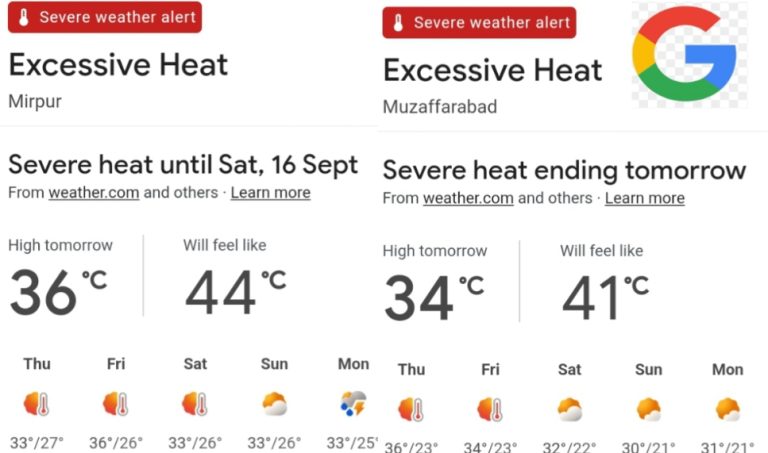 گوگل نے مظفرآباد، میرپور میں شدید گرمی کا الرٹ جاری کر دیا