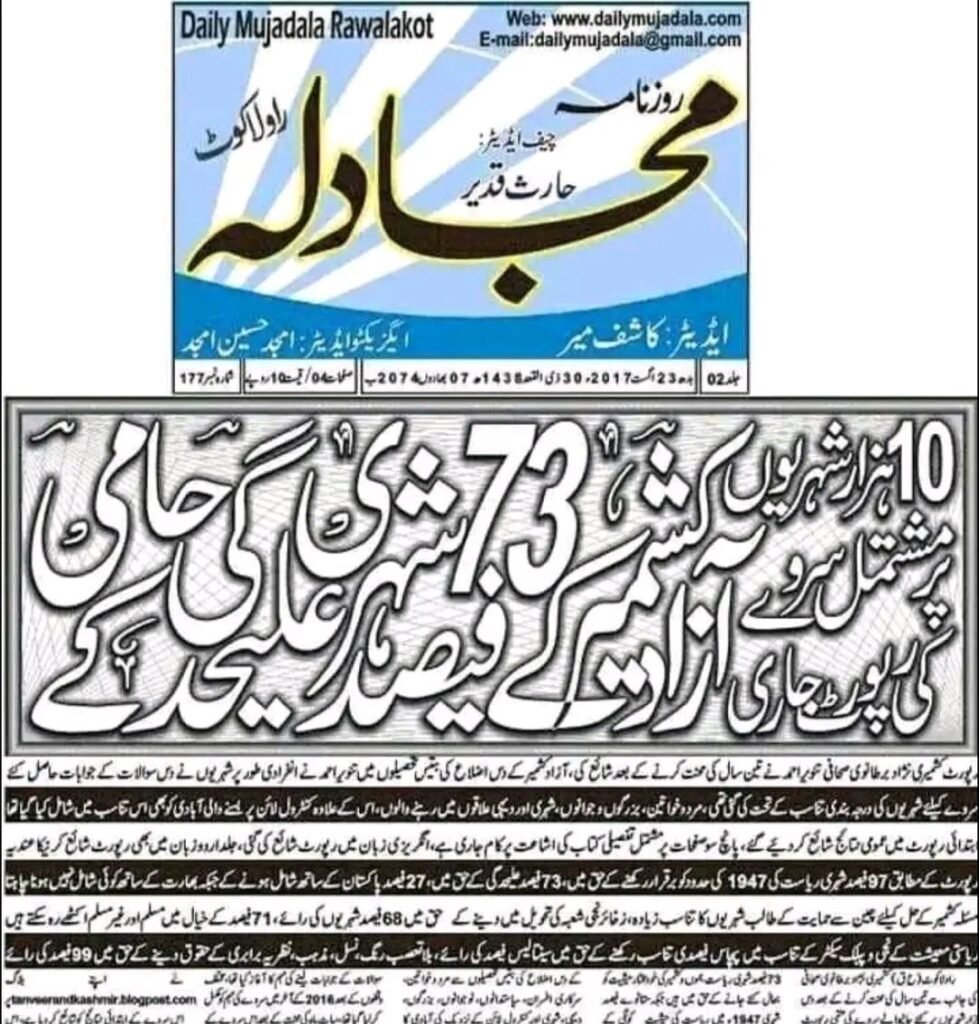 AJK survey 2017 showing 73 percent support for independence from Pakistan